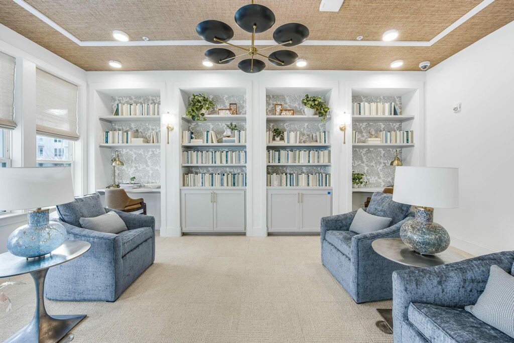 The library at Symphony Park senior living in NC.